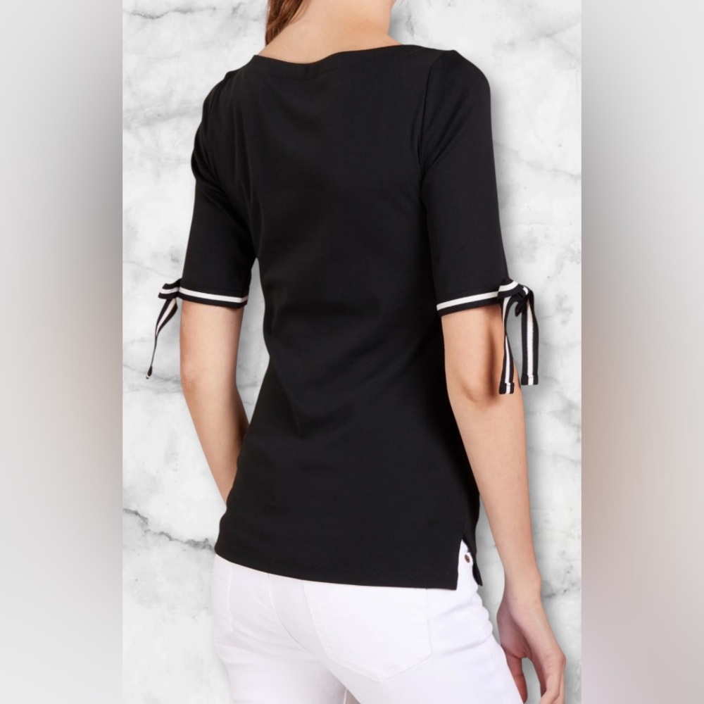 Lauren Ralph Lauren Navy Blue Top White Ribbon Tie Accents Short Sleeve Size L - Picture 8 of 14